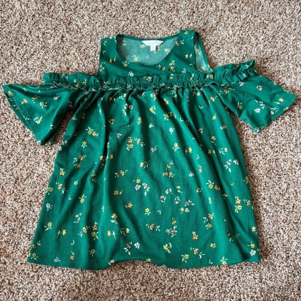 Lauren Conrad Women’s Blouse S Green Floral Cold Shoulder Top